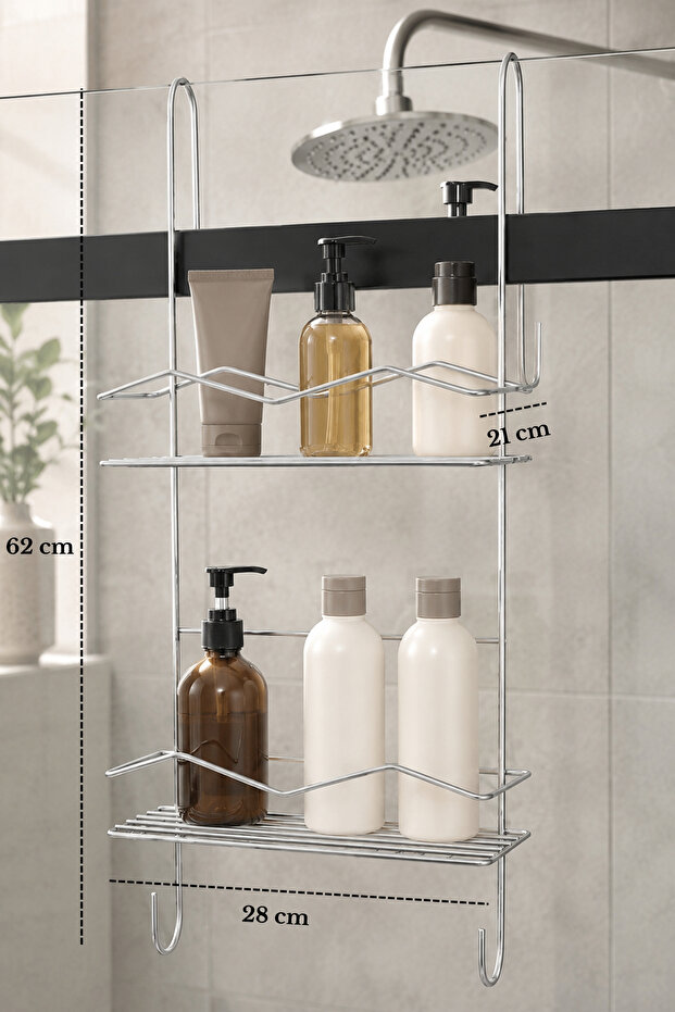 Shiny Silver Shower Cabin Hanging 2-Tier Bathroom Shelf Shampoo Holder Organizer Metal Hanger