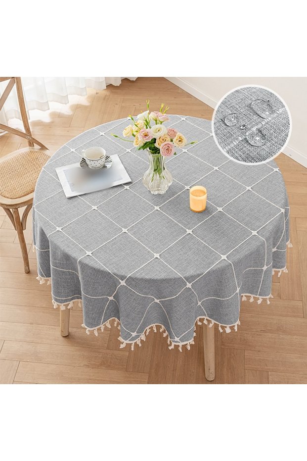 60cm Grey 1pc Round Tassel Plaid Tablecloths Heavy Weight Cotton Linen Fabric Dust-Proof Table Cover