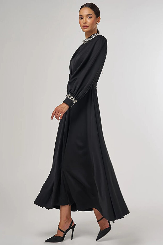 Draped Embroidered Satin Dress Black
