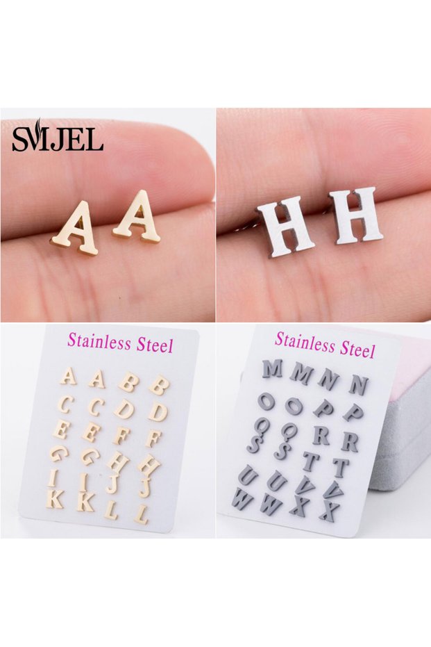 A Gold-color SMJEL A-Z Alphabet Earrings Stainless Steel Initial Letter Earrings for Women Girls Per