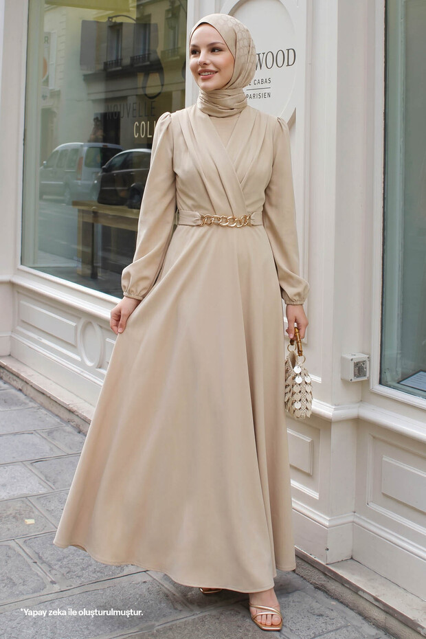 Double Breasted Collar Chain Belted Stone Dress