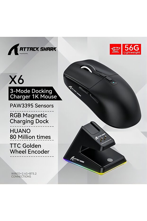 Black Attack Shark X6 Tri-Mode Wireless Mouse BT/2.4G/USB-C PAW3395 Sensor Macro Gaming Long Battery