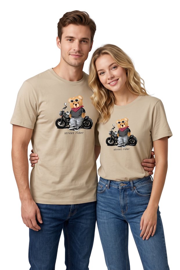 Unisex Multi-Colored Street Rider Teddy Bear Printed 100% Cotton Crew Neck T-Shirt