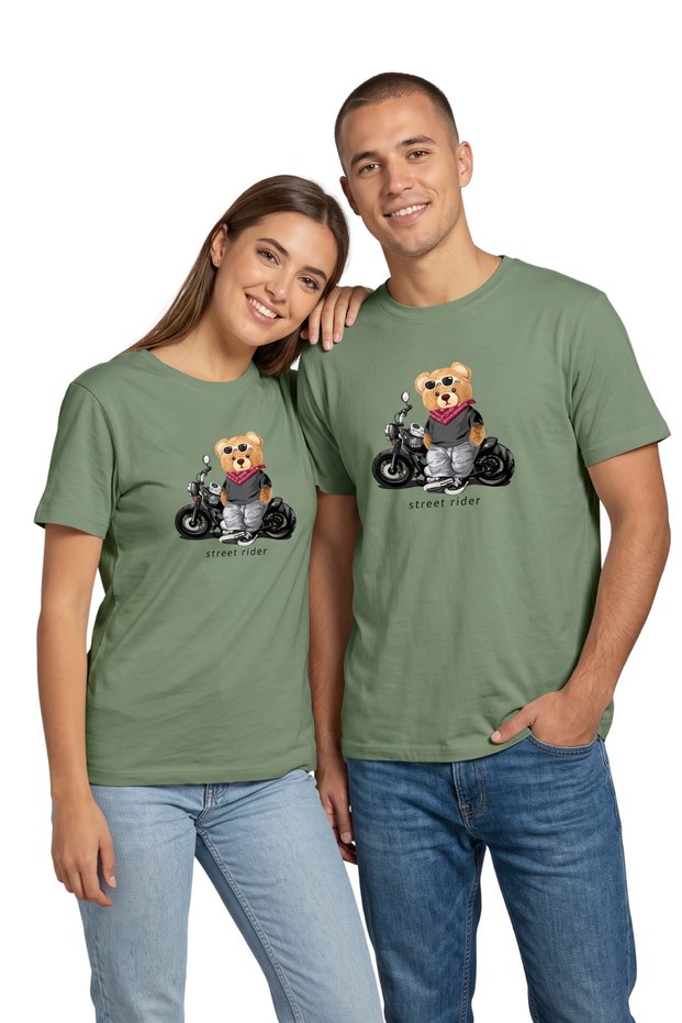 Unisex Multi-Colored Street Rider Teddy Bear Printed 100% Cotton Crew Neck T-Shirt