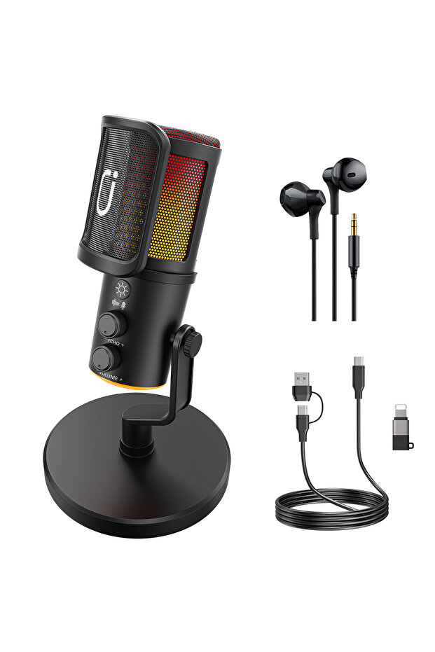 black USB/XLR Dynamic Microphone for Podcast Recording, PC Computer Gaming Streaming Mic with RGB Li
