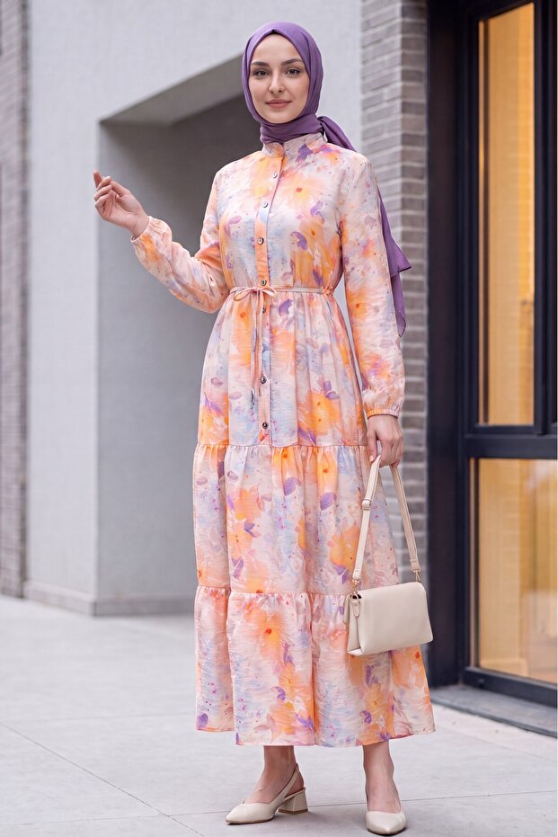 Hakim Collar Half Buttoned Mixed Patterned Polycotton Dress with Elastic Sleeves -Yavruağzı