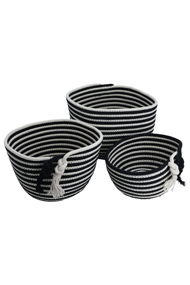 Al Saif Gallery Cotton Baskets Set, 25 x 30 x 35 cm, Striped Round, 3 Pieces - Black