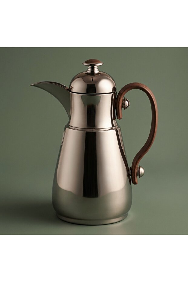 Al Saif Gallery Thermos Dallah Tamim 10, 0.5 Liter, Stainless Steel Interior, Wooden Handle, Push-Button Lid - Glossy Black