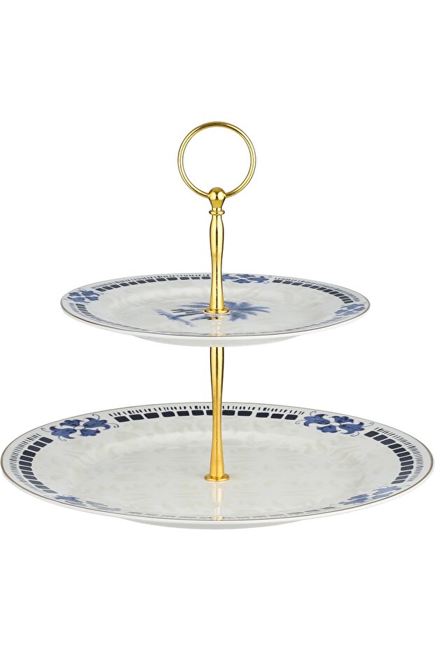 Al Saif Gallery Porcelain Serving Stand, 2 Tiers, Round, Steel Handle - White/Blue