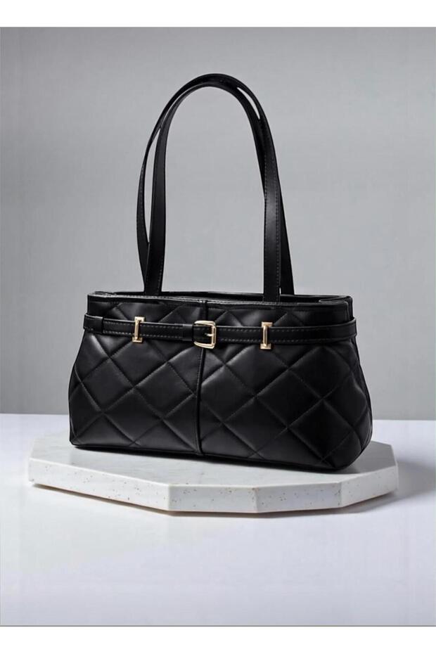 Women's Quilted Black Belted Shoulder Bag