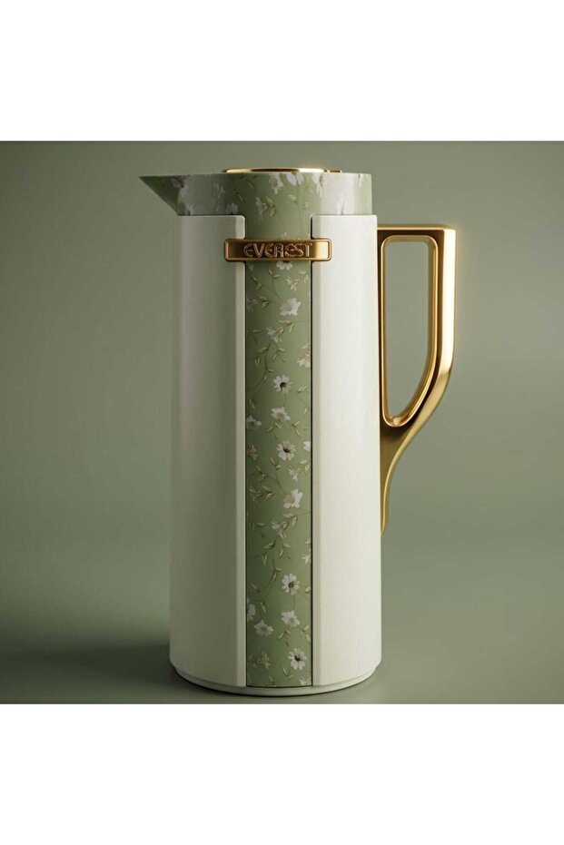 Everest Widad Thermos, rose pattern, golden handle, 1 liter, thermal glass inner shell, plastic outer shell - green