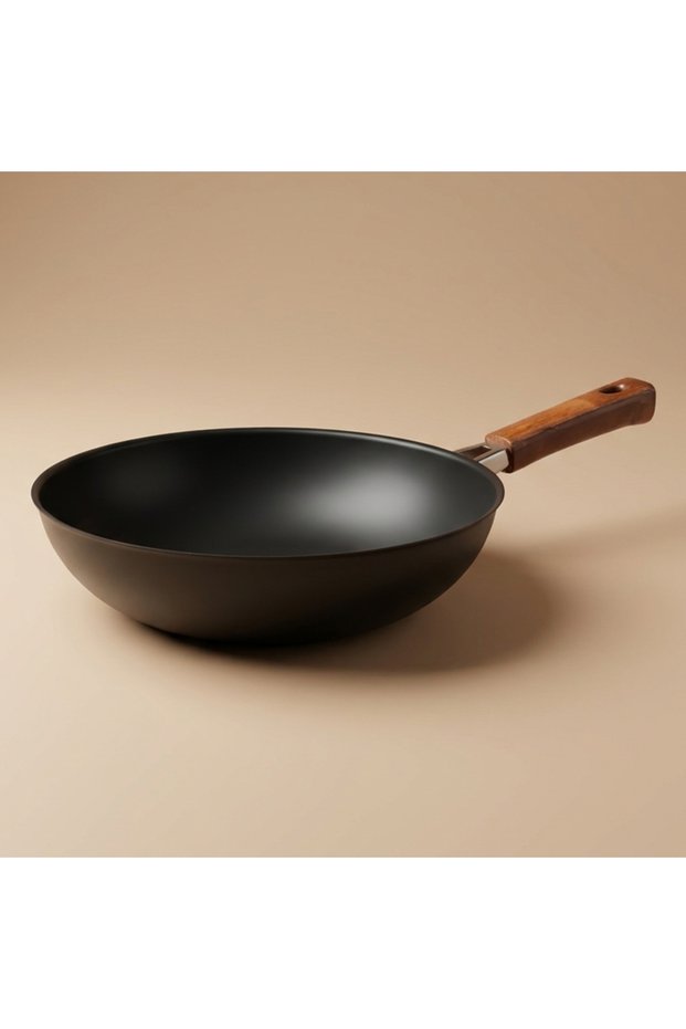 Al Saif Gallery Stainless Steel Frying Pan, 27cm, Wooden Handle - Black