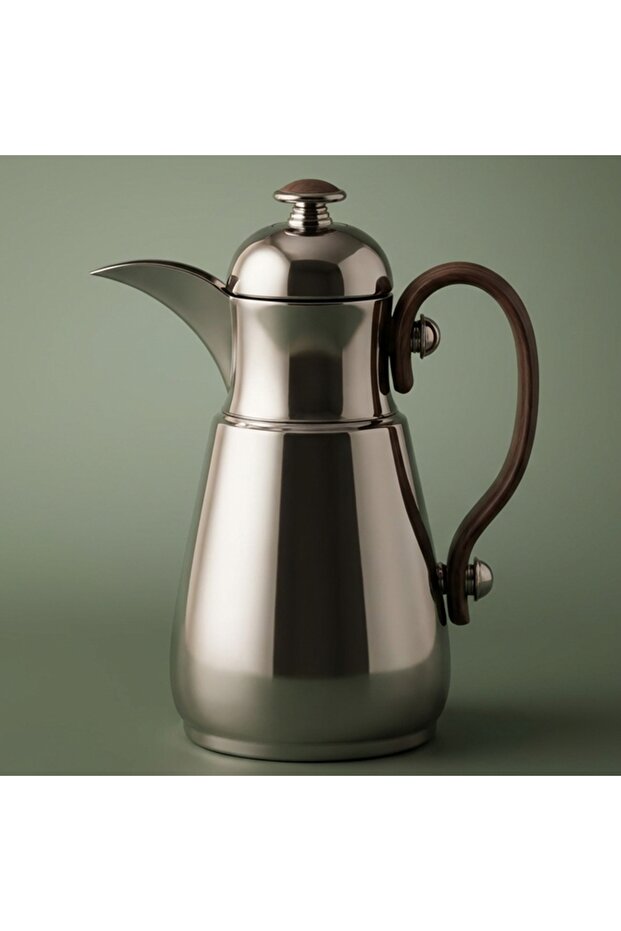 Al Saif Gallery Thermos Dallah Tamim 10, 0.7 Liter, Stainless Steel Interior, Wooden Handle, Push-Button Lid - Glossy Black