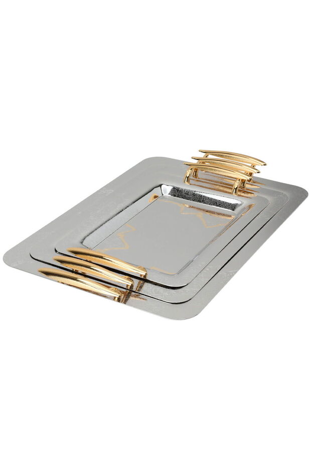 Al Saif Gallery steel tray set with a gold handle, 3 pieces, rectangular, wooded pattern - silver