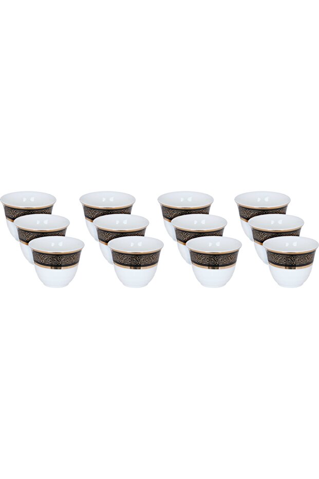 Al Saif Gallery porcelain Arabic coffee cups set, engraved with golden calligraphy, 12 pieces - white