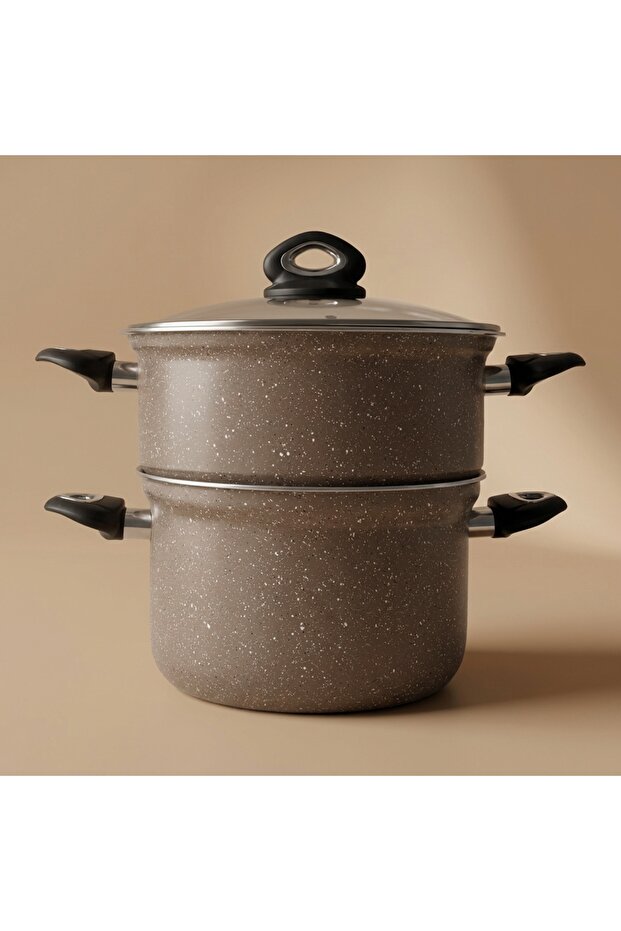 Al Saif Gallery Granite Steam Cooker, 30 cm, Glass Lid, 2 Pieces - Brown