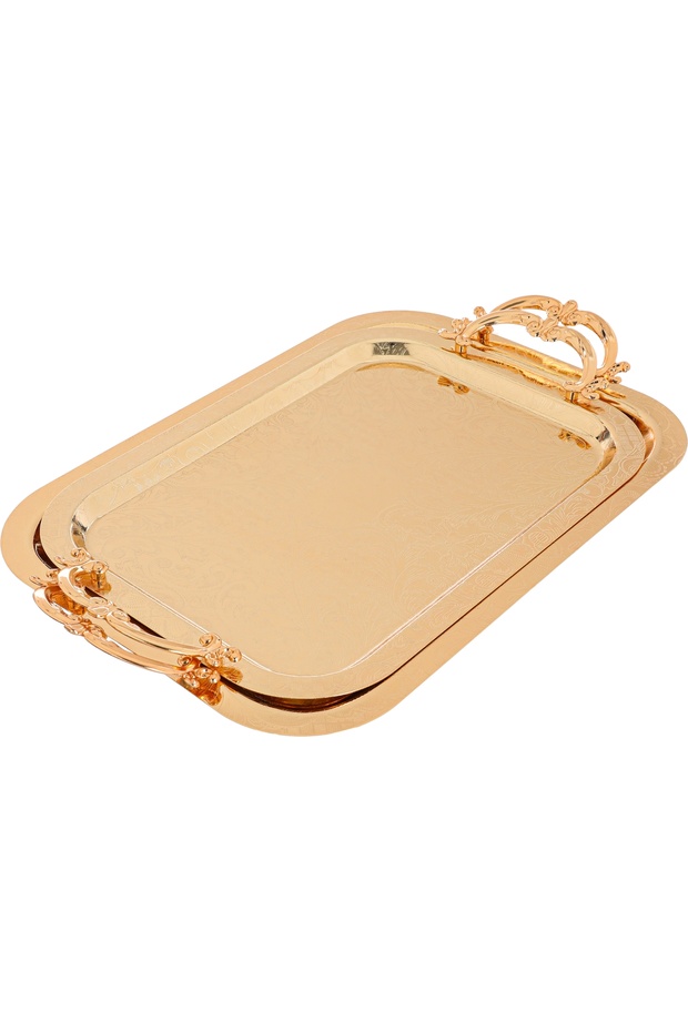 Al Saif Gallery steel tray set, two pieces, rectangular, engraved - gold