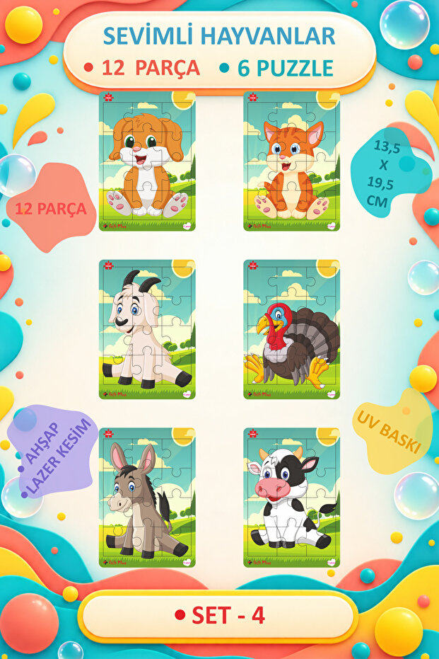 Wooden Puzzle Set of 6 Animals Educational Jigsaw Puzzle Set 4 (12 pieces)