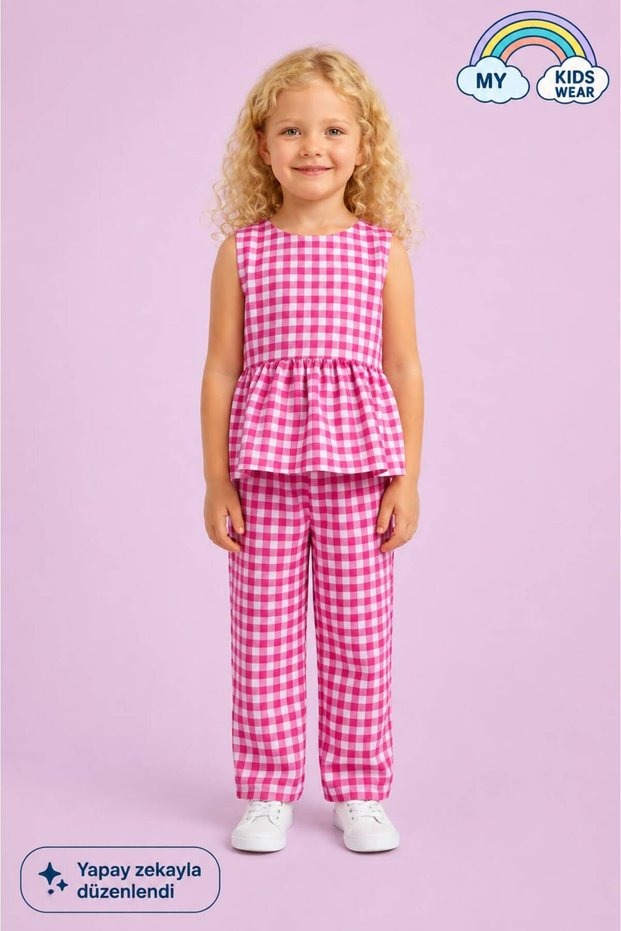 Girl's Gingham Peplum Blouse and Pants Set 12691