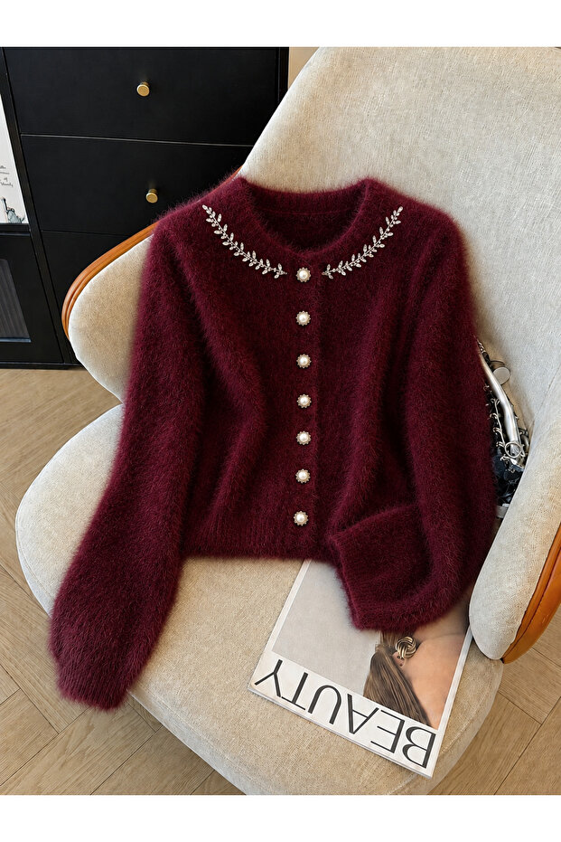Women's Collar with Stone Detail, Plush Look Knitwear Basic Cardigan