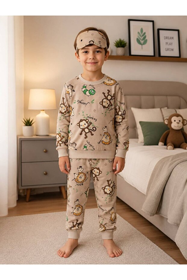 Boy's Cotton Piece Fabric Beige Color Monkey Caterpillar Lion Patterned Sleeper Band Long Sleeve Transitional Pajamas