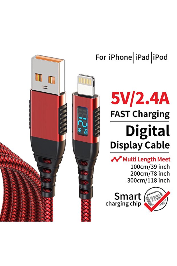 كابل شحن سريع USB-A إلى Lightning معتمد من MFi بطول 2 متر مع شاشة LED، شحن سريع 12 واط لأجهزة آي بي