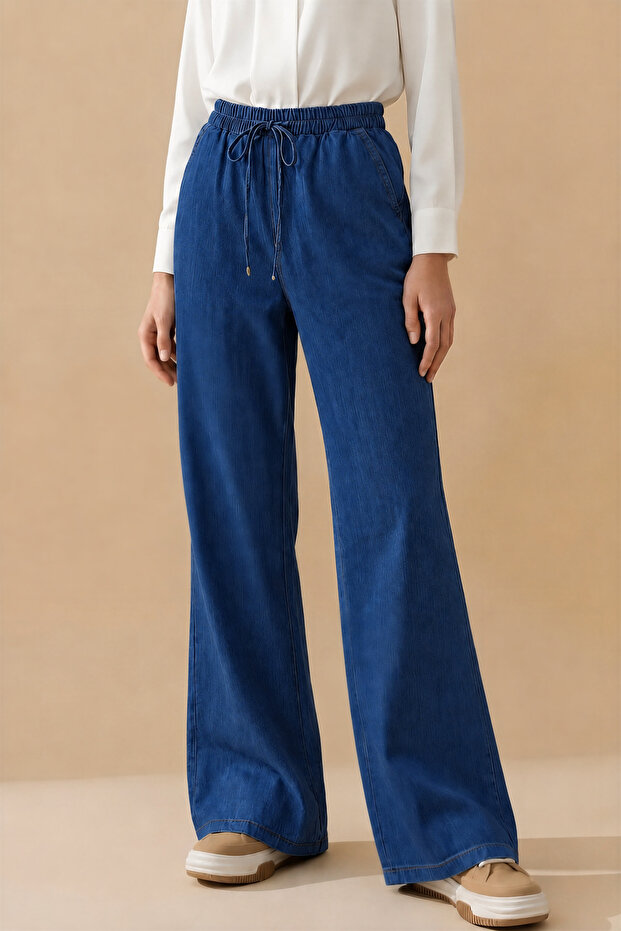 Dark Blue Elastic Waist Palazzo Jeans