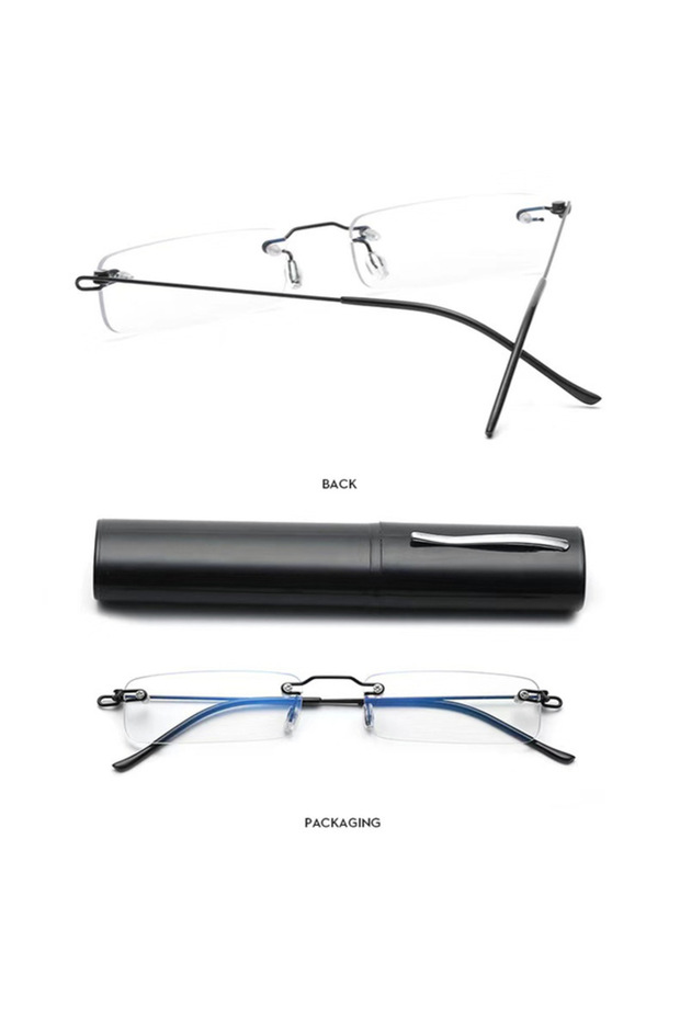 +200 Black Fashion Rimmless Reading Glasses Flexible Alloy Frameless Eyeglassses With Case Retro Squ