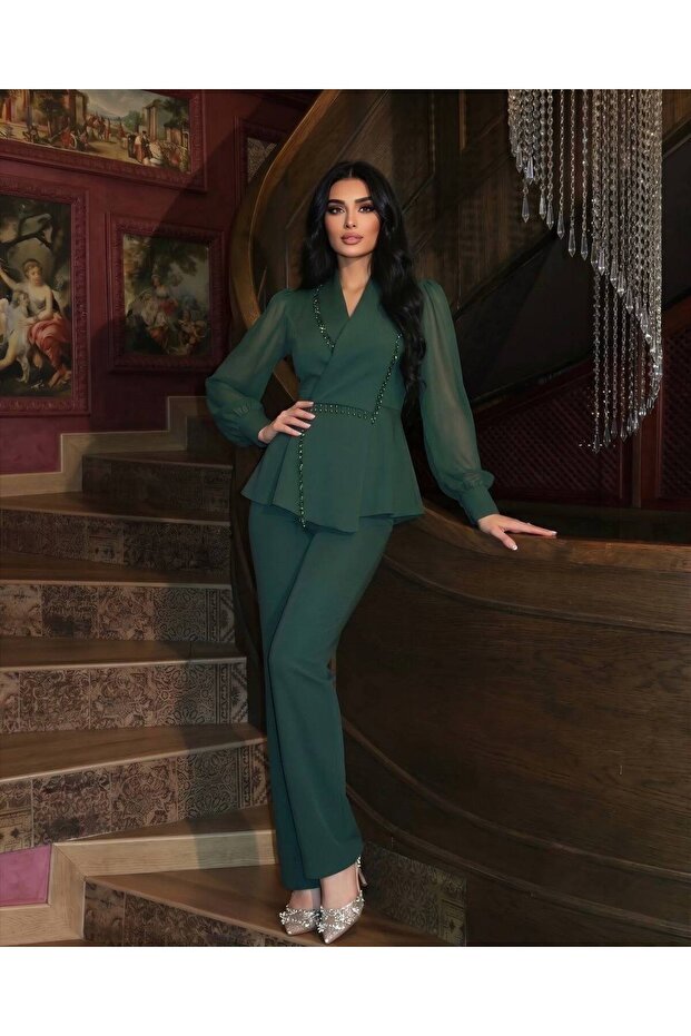 Women's Imported Fabric Pleated Pearl Embroidered Sleeve Button Detailed Lined Special Design Top and Bottom Set