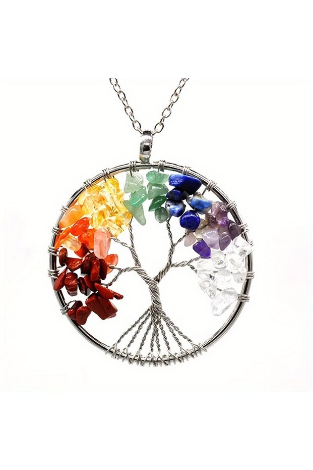 colorful Natural Crystal Tree of Life Pendant, Stone Stone Necklace for Men and Women, Chakra Healin