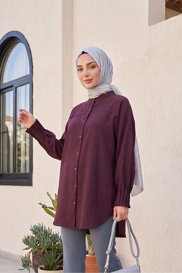 Sleeve Cuff Draped Oval Cut Shirt - Mortar