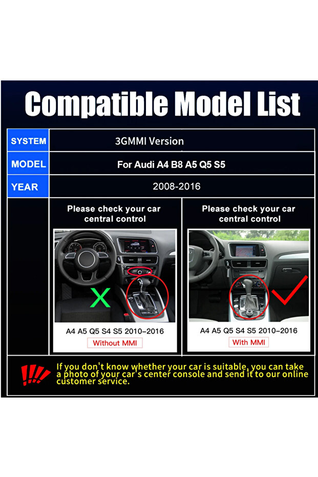 مع نظام MMI اللاسلكي بتقنية الجيل الثالث، وتقنية CarPlay وAndroid Auto لسيارات أودي A4، A5، Q5، S5، B8 موديلات 2008-2016 المزودة بنظام MMI بتقنية الجيل الثالث.