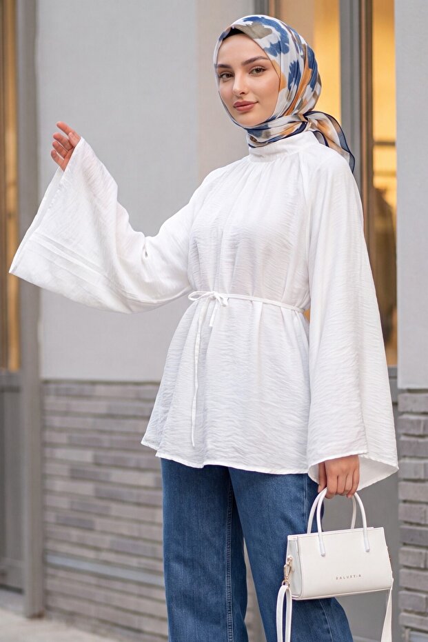 Hakim Collar Belted Lined Spanish Sleeve Oversize Lyocell Tunic -White
