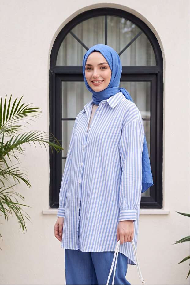 Striped Linen Look Shirt with Buttons - Blue