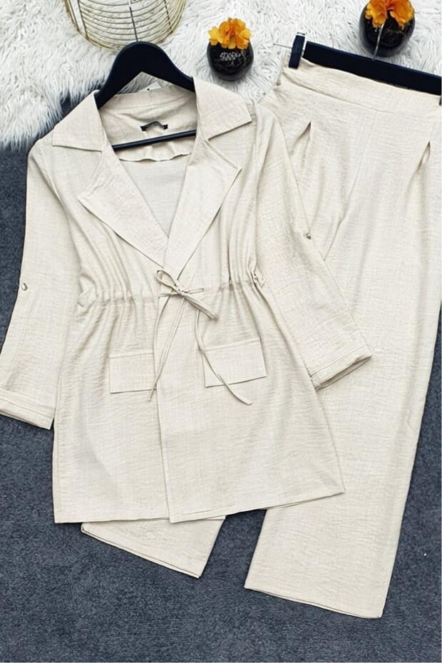 Linen Look Suit with Caped Tunnel Bridge Jacket - Beige