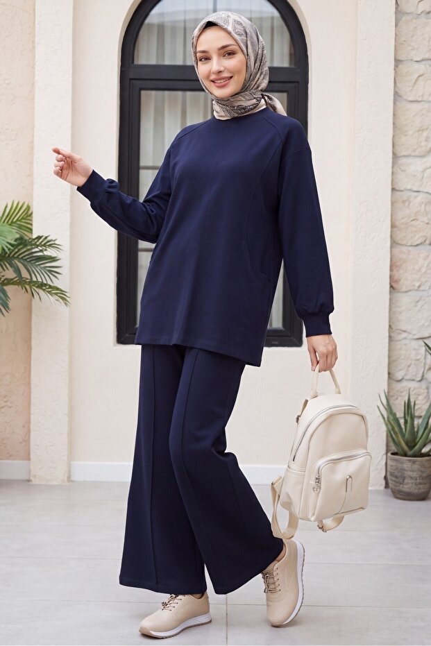 Crew Neck Oversize Combed Cotton Suit with Pockets and Trousers - Dark Blue