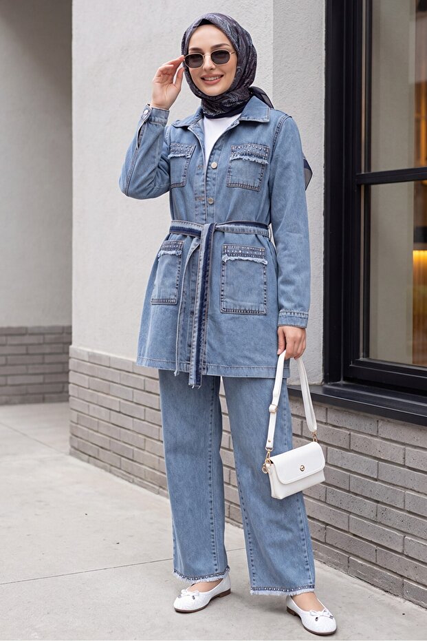 Stone Detailed Jacket Pants Denim Set - Ice Blue