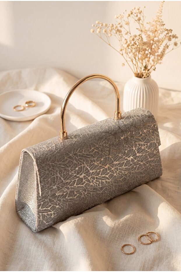 Metal handle chain envelope flap patterned glitter evening bag - grey