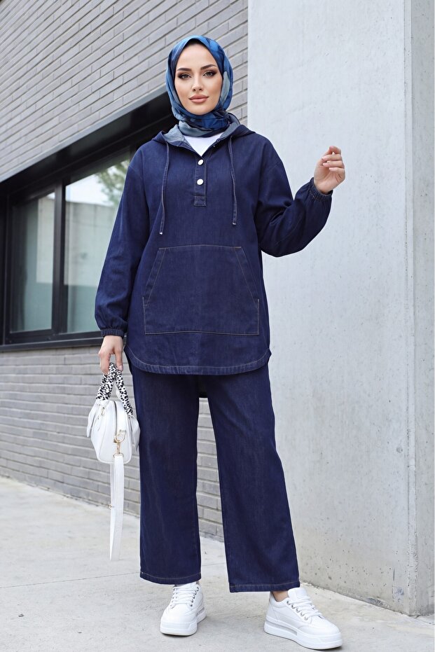 Hooded Half-Buttoned Kangaroo Pocket Jeans Set -K.Laci