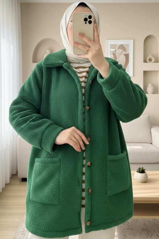 Plush Jacket with Button Pockets - Green