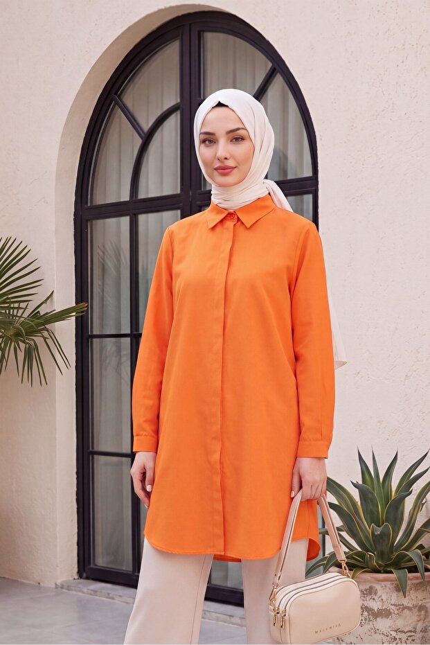 Oval Cut Long Shirt with Hidden Buttons -Orange