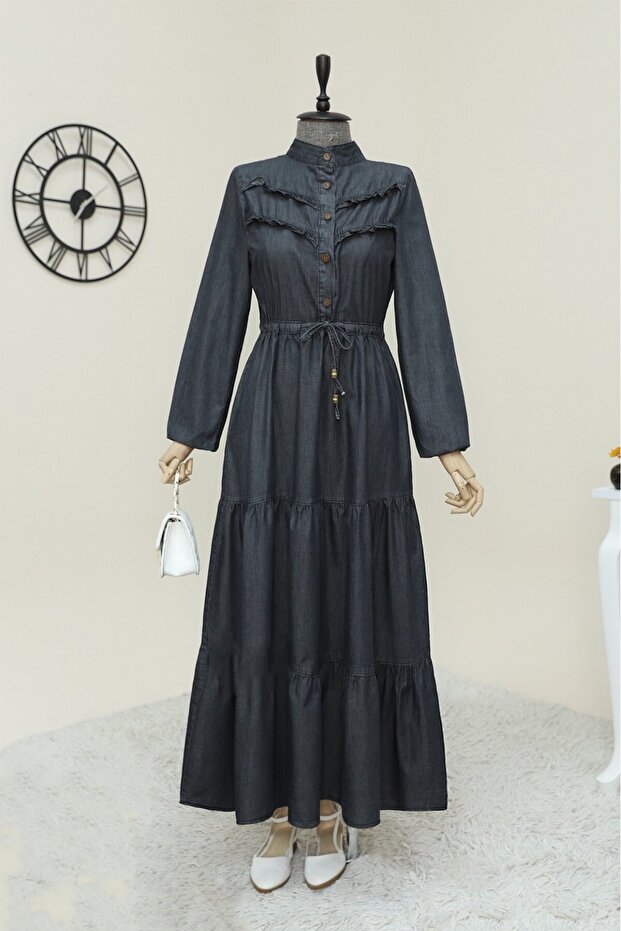 Half Buttoned Front Ruffled Piece Denim Dress - Anthracite