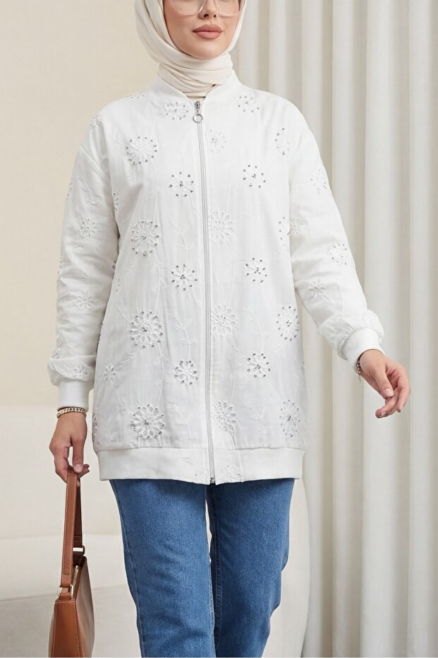 Zippered Lined Stone and Beaded Tunic -White