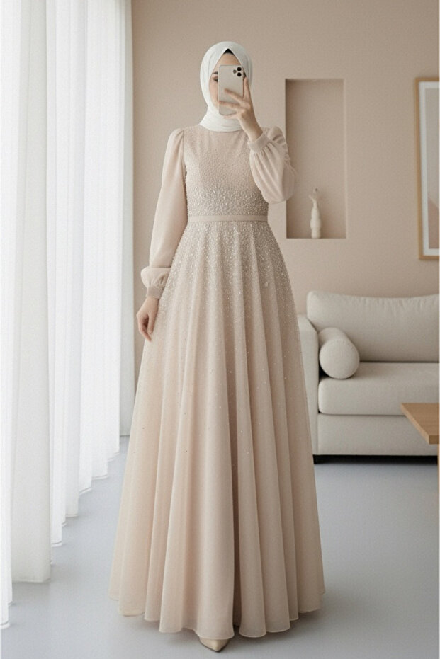 Lined Tulle Evening Dress with Stone Detail on the Front - Beige