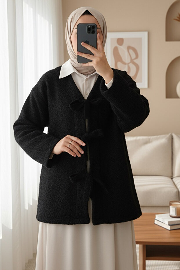 Front tied striped cashmere jacket - black
