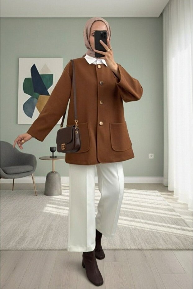Double Pocket Buttoned Front Cashmere Jacket - Light Brown