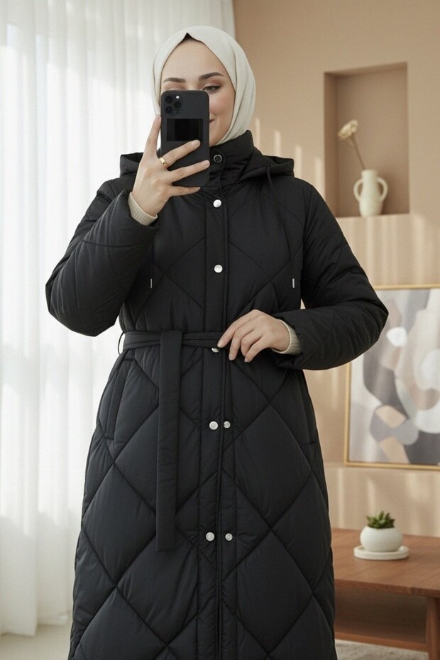 Beli Belted Front Snap Button Hooded Lined Long Quilted Coat - Black