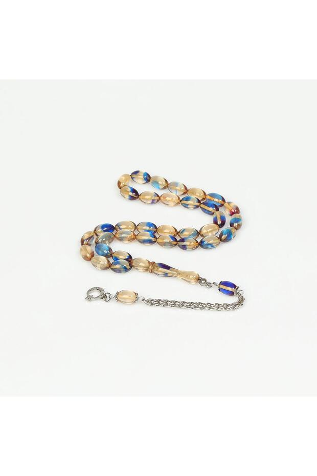 Off-White Blue Marbled Steel Tassel Clasp Amber Prayer Beads (7*11 mm)