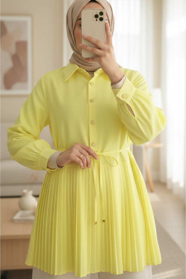 Half Button Tie Waist Pleated Shirt - Light Yellow