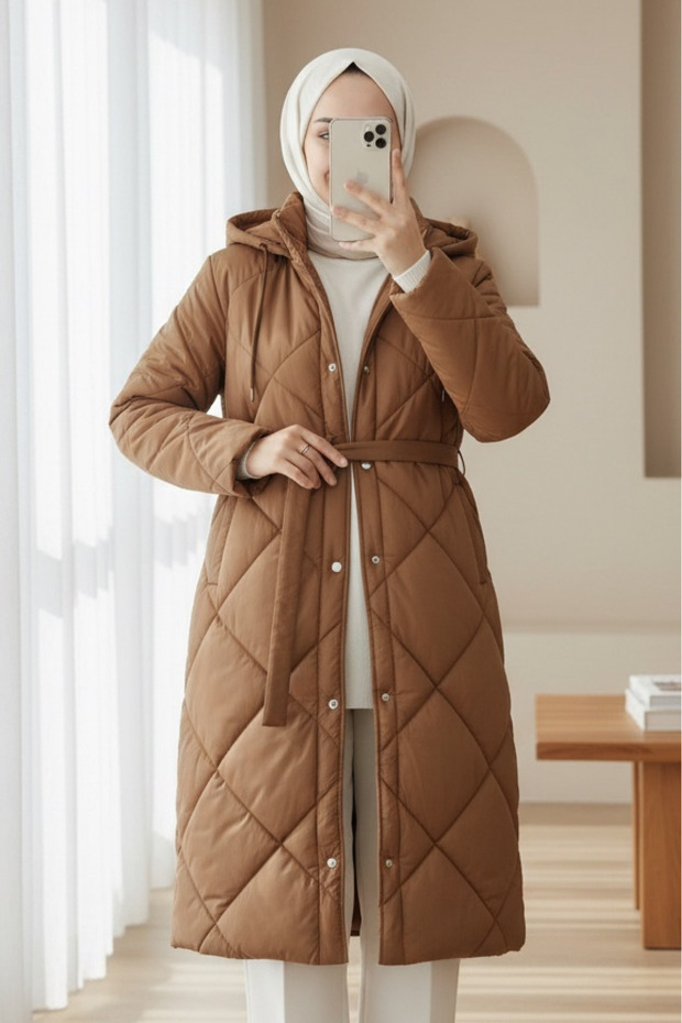 Beli Belted Front Snap Button Hooded Lined Long Quilted Coat - Tan